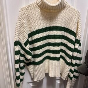Madewell Womens Medium White Green Striped Wide Rib Turtleneck Sweater